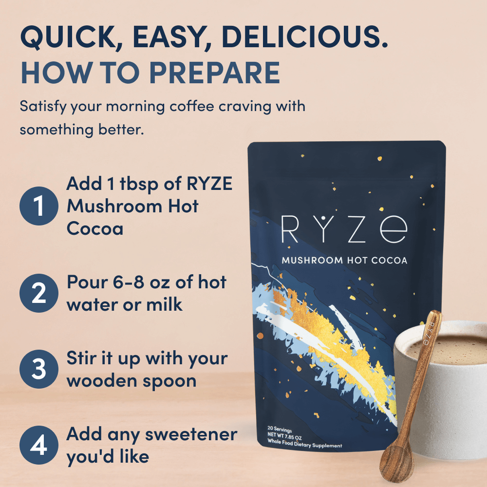 RYZE Mushroom Hot Cocoa — Organic Instant Cocoa with L-Theanine & Melatonin, 20 Servings S9