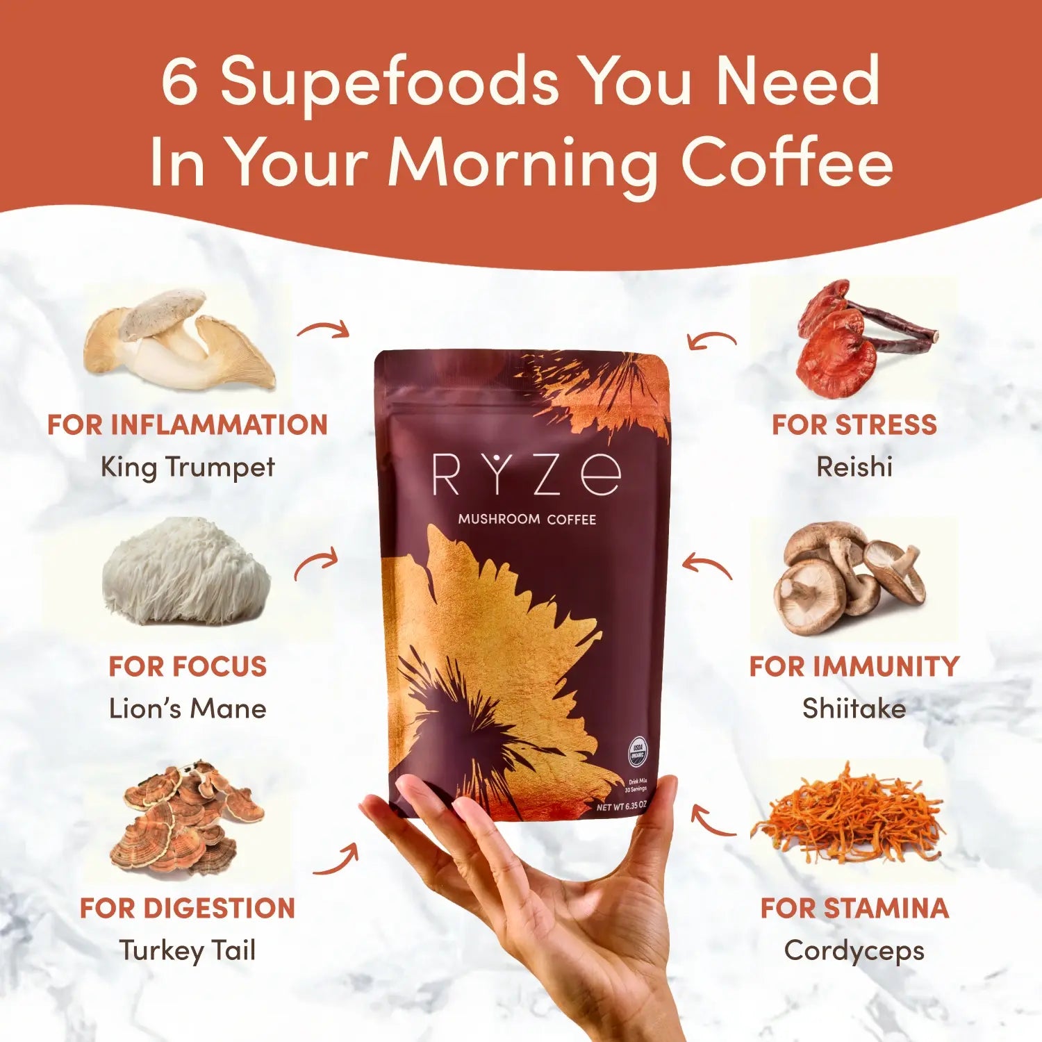 RYZE Mushroom Coffee — Organic Instant Coffee with Cordyceps & Reishi, 30 Servings F9