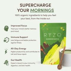 RYZE Mushroom Matcha — Organic Instant Matcha Latte with Lion's Mane & King Trumpet, 30 Servings X5