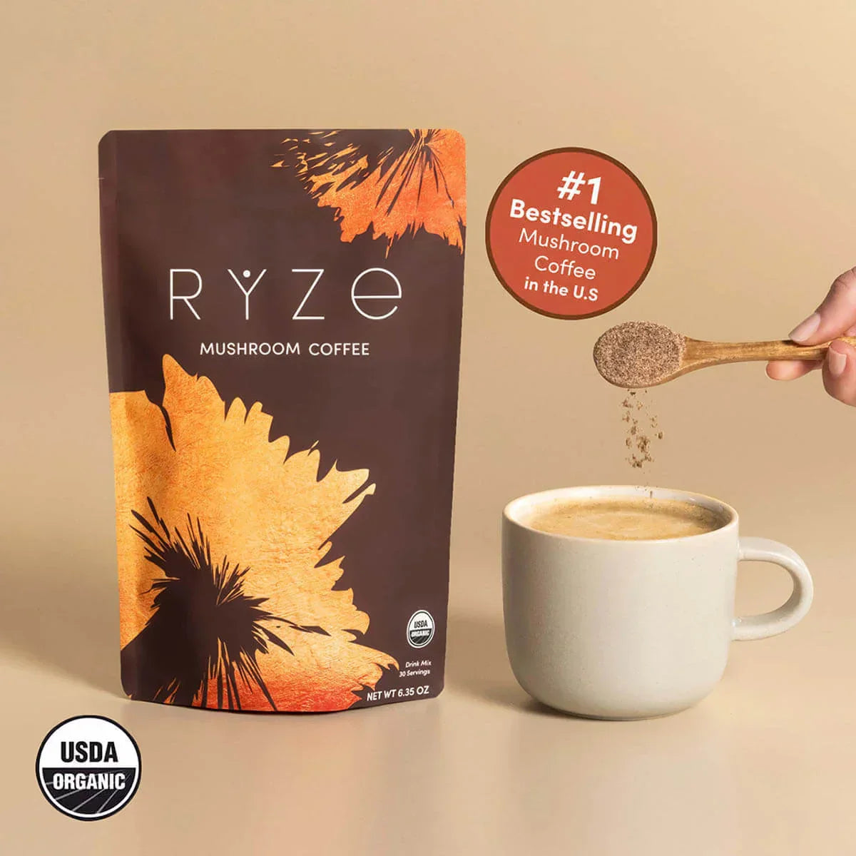 RYZE Mushroom Coffee — Organic Instant Coffee with Cordyceps & Reishi, 30 Servings F9