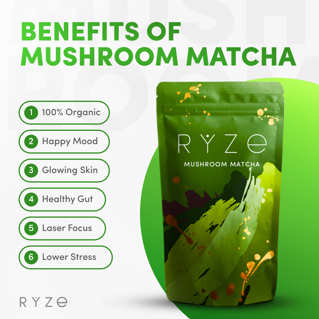 RYZE Mushroom Matcha - with 6 Organic Adaptogenic Mushrooms Grown In USA and Ceremonial-Grade Japanese Matcha G5