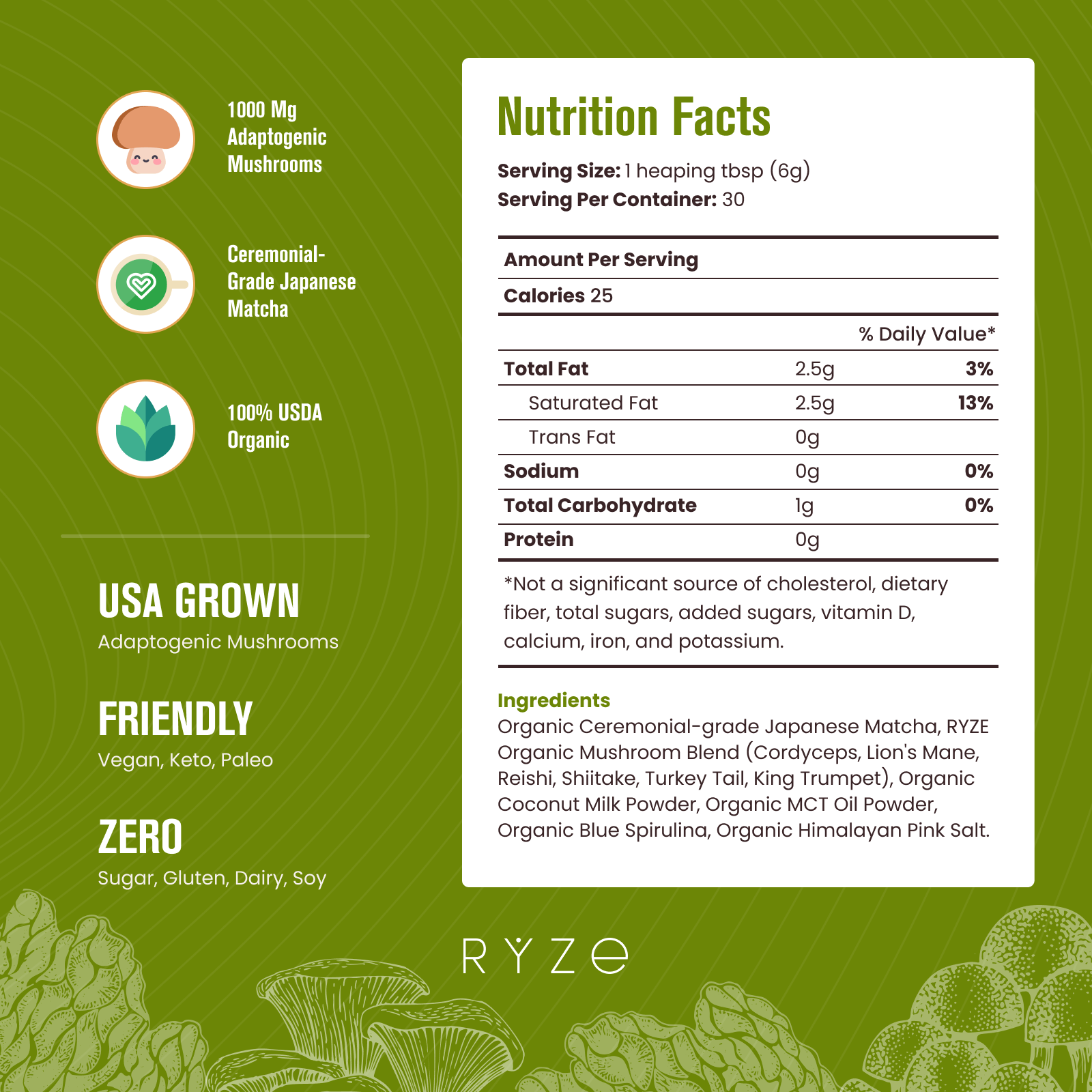 RYZE Mushroom Matcha - with 6 Organic Adaptogenic Mushrooms Grown In USA and Ceremonial-Grade Japanese Matcha G5
