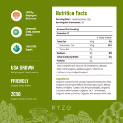 RYZE Mushroom Matcha - with 6 Organic Adaptogenic Mushrooms Grown In USA and Ceremonial-Grade Japanese Matcha G5