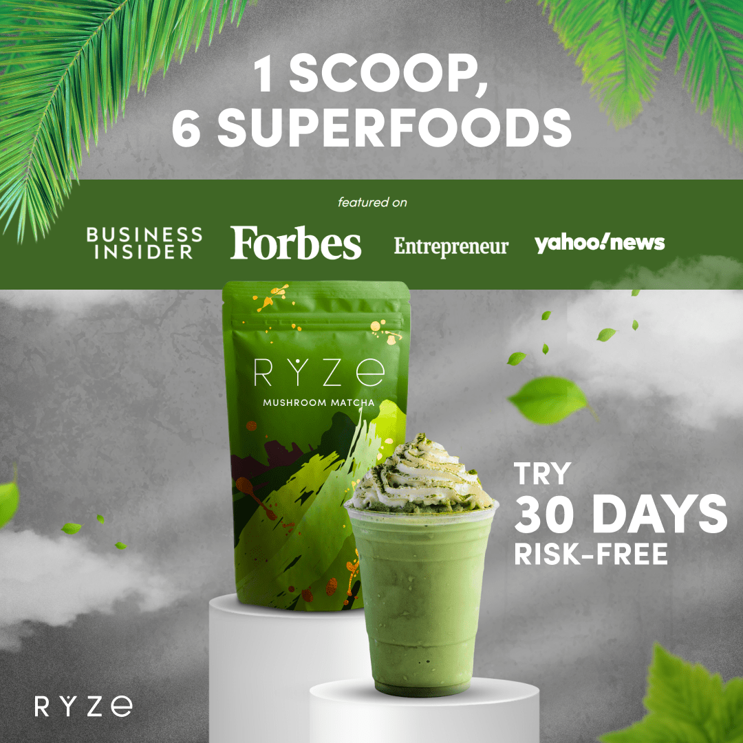 RYZE Mushroom Matcha - with 6 Organic Adaptogenic Mushrooms Grown In USA and Ceremonial-Grade Japanese Matcha G5